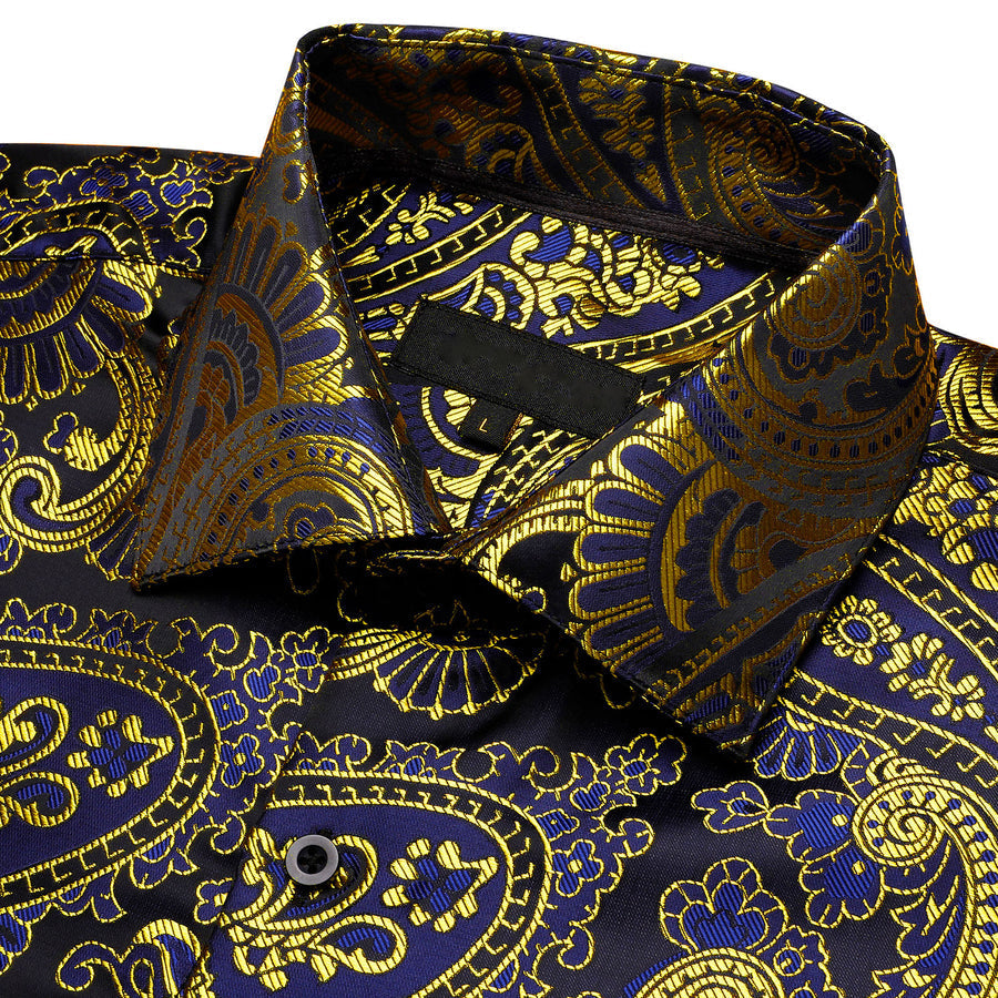 Gold Blue Paisley Floral Silk Dress Shirt shirt    - Sophisticated Gentlemen