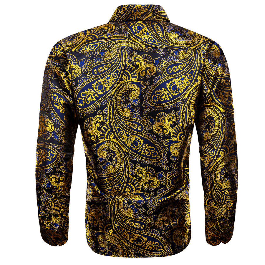 Gold Blue Paisley Floral Silk Dress Shirt shirt    - Sophisticated Gentlemen