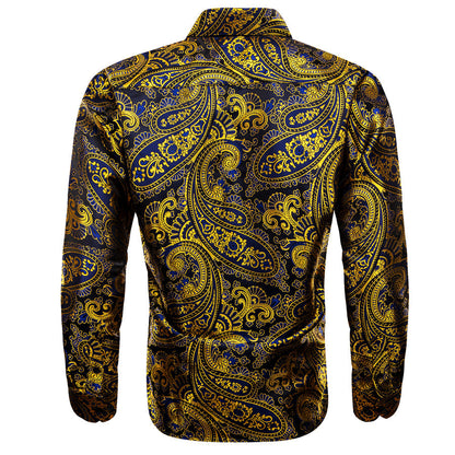 Gold Blue Paisley Floral Silk Dress Shirt shirt    - Sophisticated Gentlemen