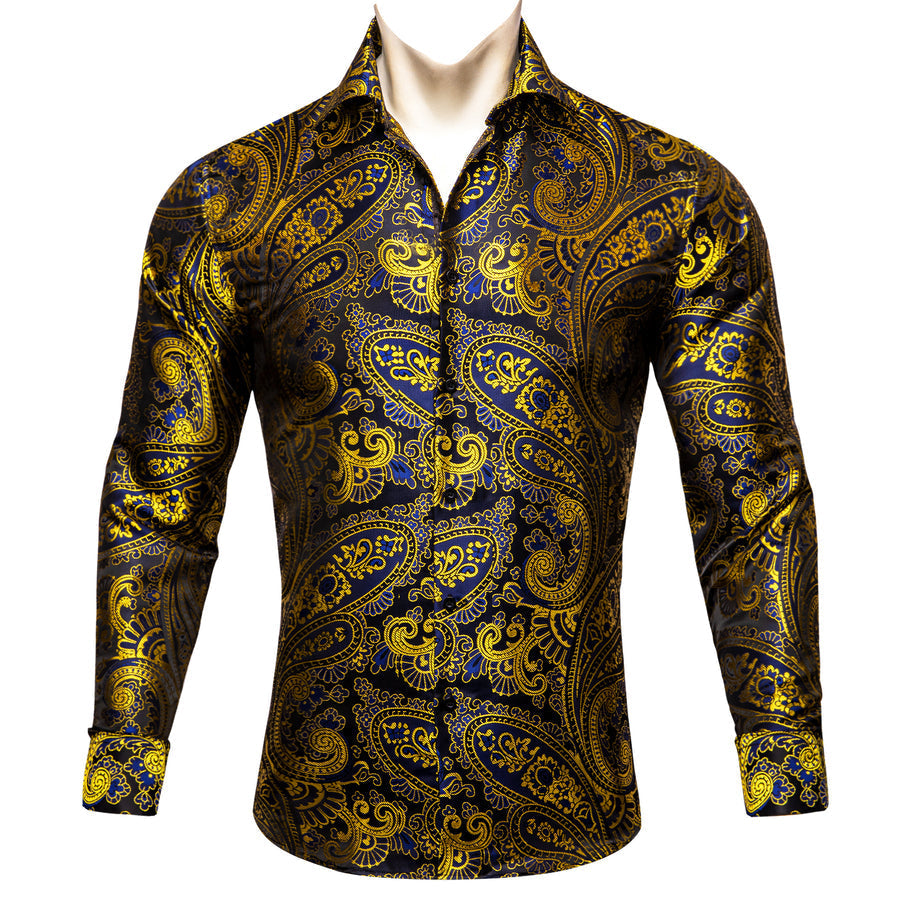 Gold Blue Paisley Floral Silk Dress Shirt shirt    - Sophisticated Gentlemen