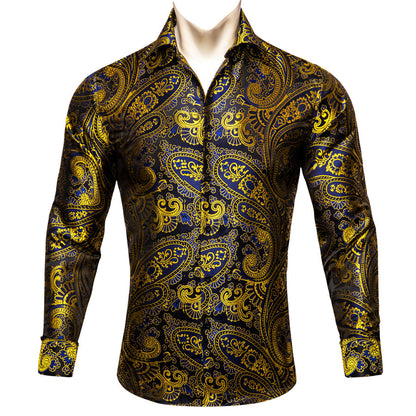 Gold Blue Paisley Floral Silk Dress Shirt shirt    - Sophisticated Gentlemen