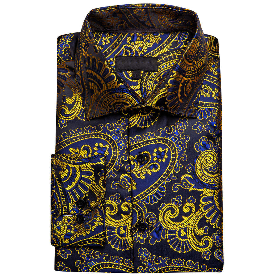 Gold Blue Paisley Floral Silk Dress Shirt shirt    - Sophisticated Gentlemen