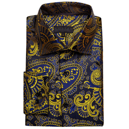 Gold Blue Paisley Floral Silk Dress Shirt shirt    - Sophisticated Gentlemen