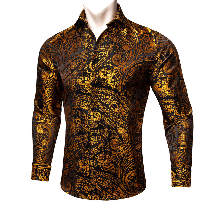 Golden Black Paisley Floral Silk Dress Shirt shirt S   - Sophisticated Gentlemen