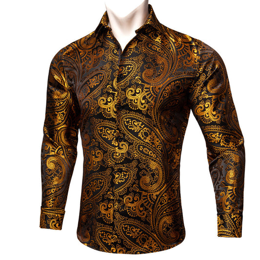 Golden Black Paisley Floral Silk Dress Shirt shirt S   - Sophisticated Gentlemen