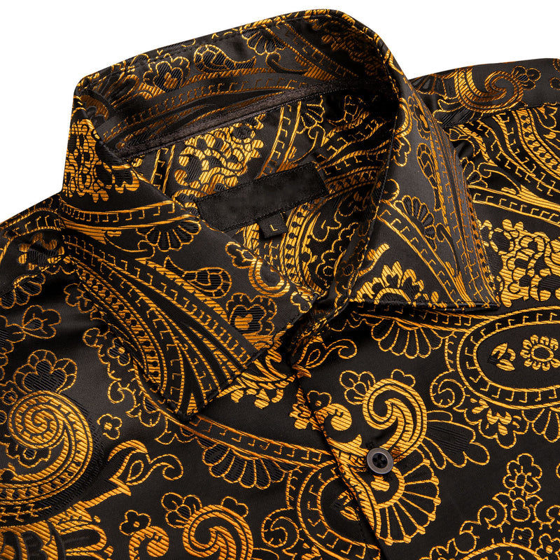 Golden Black Paisley Floral Silk Dress Shirt shirt    - Sophisticated Gentlemen