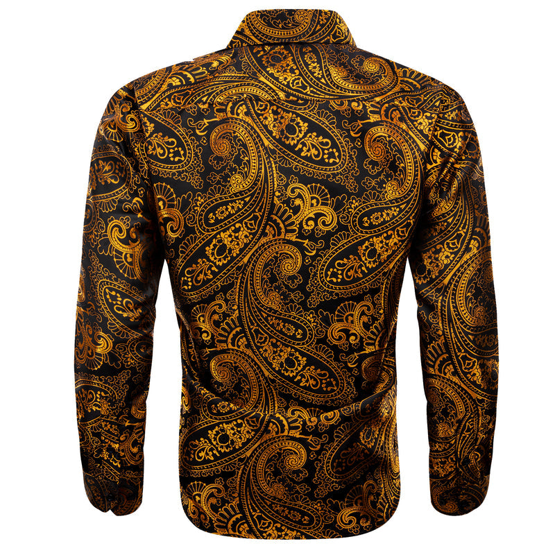 Golden Black Paisley Floral Silk Dress Shirt shirt    - Sophisticated Gentlemen