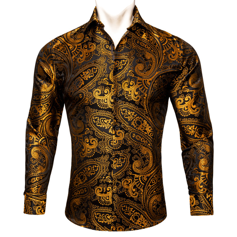 Golden Black Paisley Floral Silk Dress Shirt shirt    - Sophisticated Gentlemen