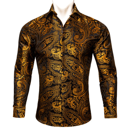 Golden Black Paisley Floral Silk Dress Shirt shirt    - Sophisticated Gentlemen