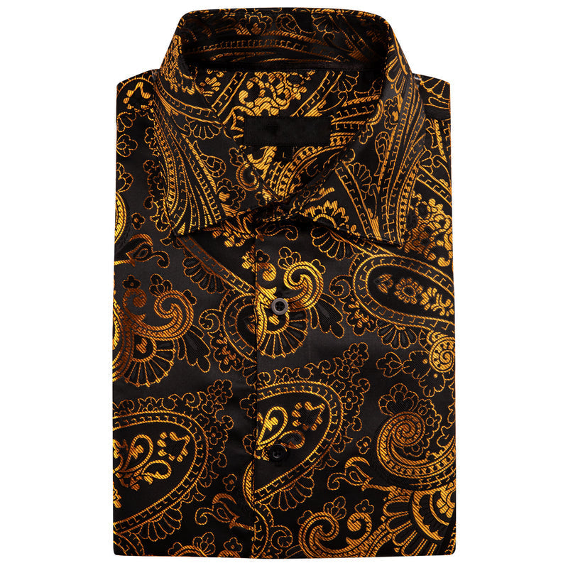 Golden Black Paisley Floral Silk Dress Shirt shirt    - Sophisticated Gentlemen