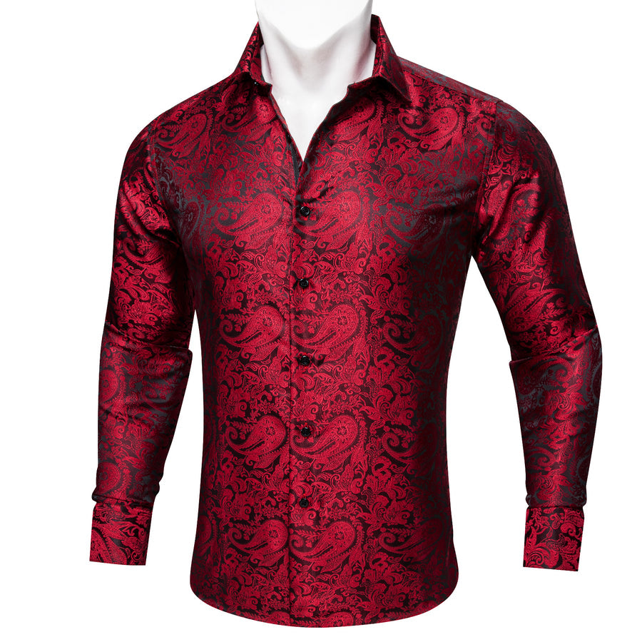 Red Black Paisley Silk Dress Shirt shirt S   - Sophisticated Gentlemen