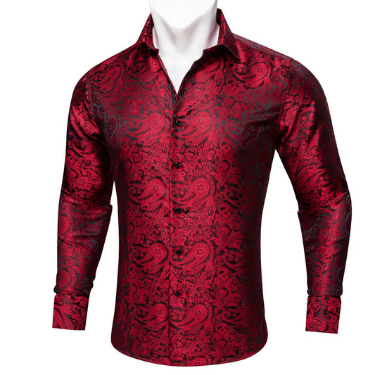 Red Black Paisley Silk Dress Shirt shirt S   - Sophisticated Gentlemen