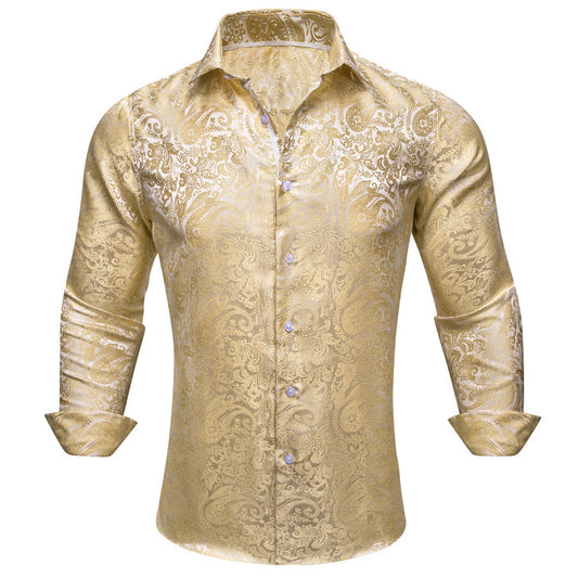 Light Yellow Paisley Silk Dress Shirt shirt S   - Sophisticated Gentlemen