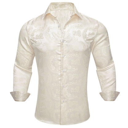 Beige Light Yellow Paisley Silk Dress Shirt shirt S   - Sophisticated Gentlemen