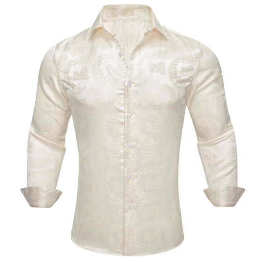 Beige Light Yellow Paisley Silk Dress Shirt shirt S   - Sophisticated Gentlemen