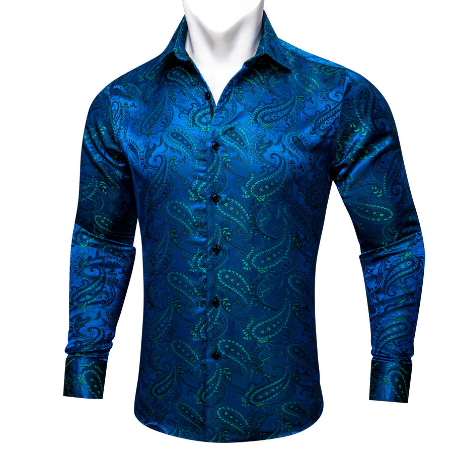 Navy Blue Green Paisley Silk Dress Shirt shirt S   - Sophisticated Gentlemen