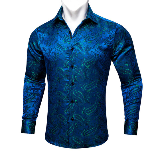 Navy Blue Green Paisley Silk Dress Shirt shirt S   - Sophisticated Gentlemen