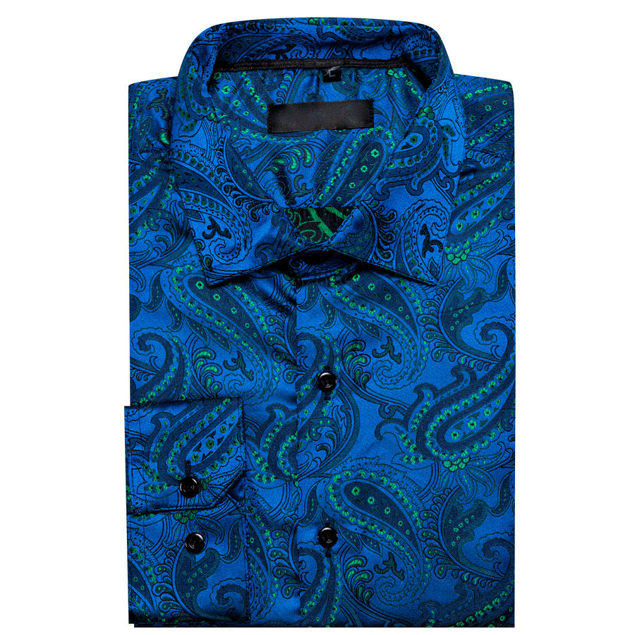 Navy Blue Green Paisley Silk Dress Shirt shirt    - Sophisticated Gentlemen