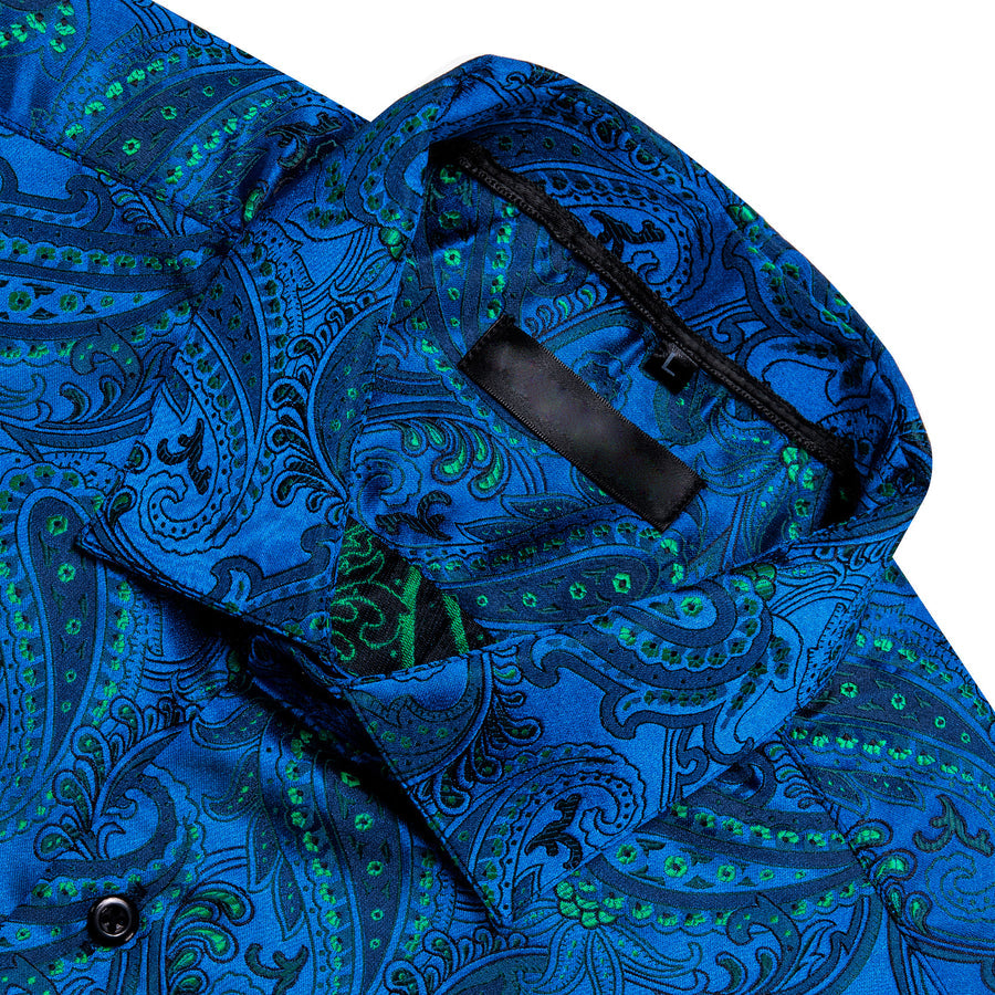 Navy Blue Green Paisley Silk Dress Shirt shirt    - Sophisticated Gentlemen