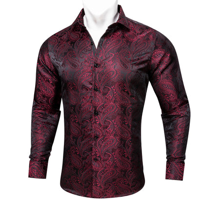 Dark Red Black Paisley Silk Dress Shirt shirt S   - Sophisticated Gentlemen