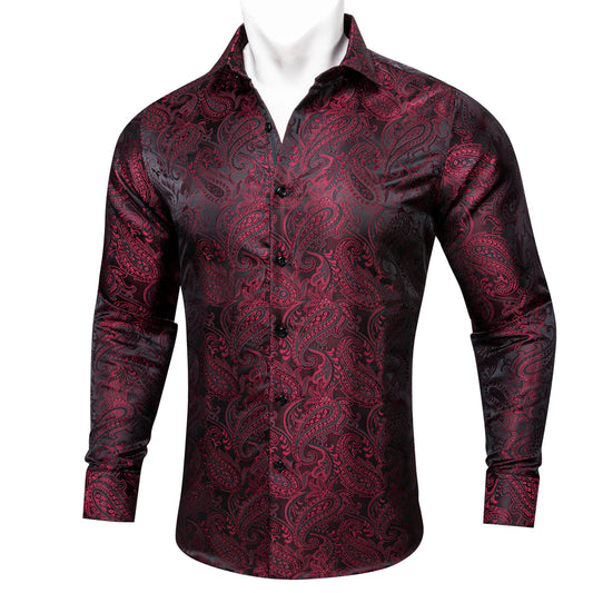 Dark Red Black Paisley Silk Dress Shirt shirt S   - Sophisticated Gentlemen