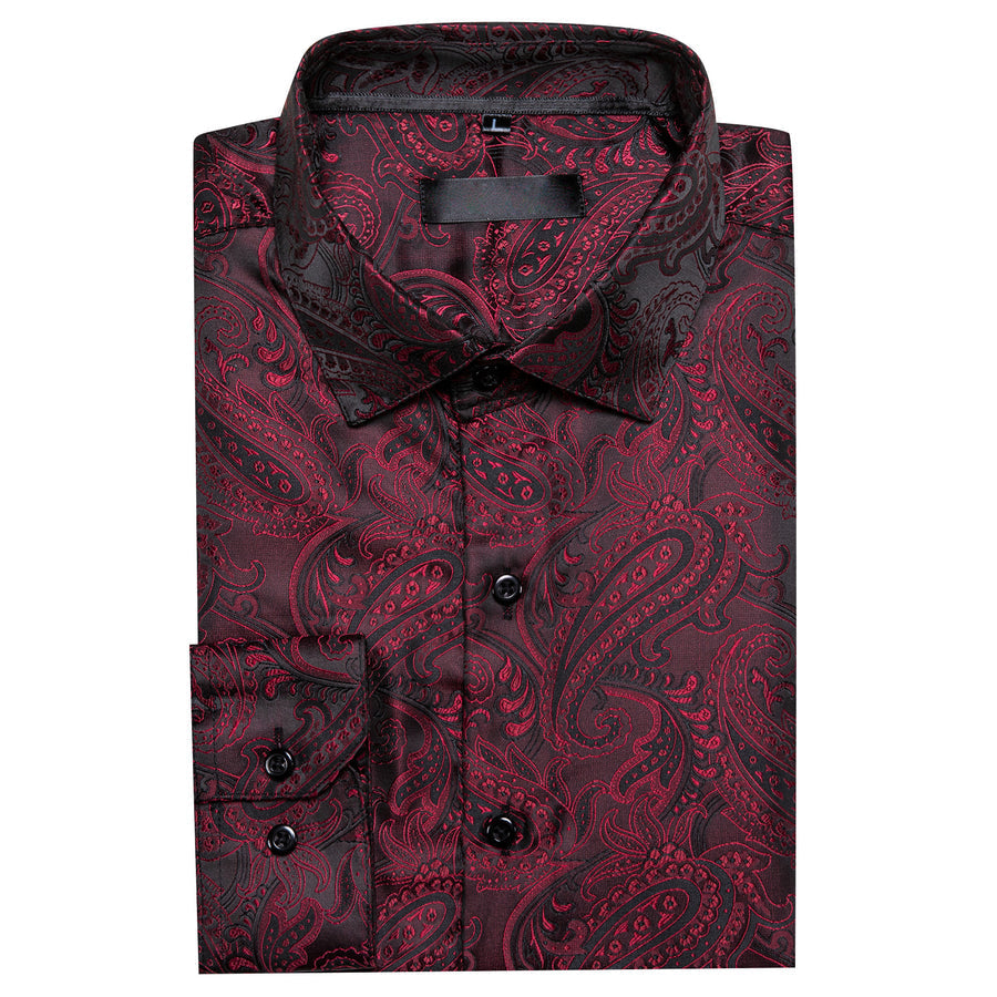 Dark Red Black Paisley Silk Dress Shirt shirt    - Sophisticated Gentlemen