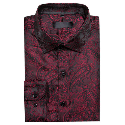 Dark Red Black Paisley Silk Dress Shirt shirt    - Sophisticated Gentlemen