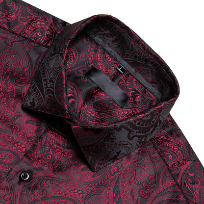 Dark Red Black Paisley Silk Dress Shirt shirt    - Sophisticated Gentlemen