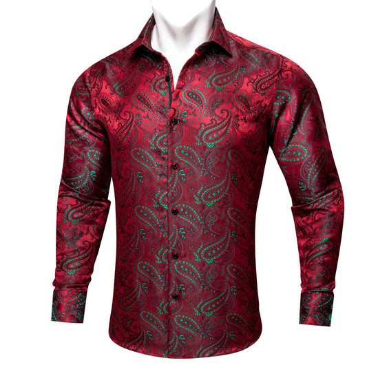 Red Green Paisley Silk Dress Shirt shirt S   - Sophisticated Gentlemen