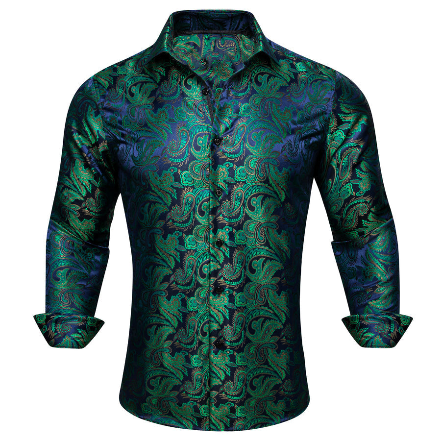 Green Blue Brown Paisley Silk Dress Shirt shirt S   - Sophisticated Gentlemen