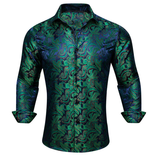 Green Blue Brown Paisley Silk Dress Shirt shirt S   - Sophisticated Gentlemen