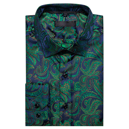 Green Blue Brown Paisley Silk Dress Shirt shirt    - Sophisticated Gentlemen