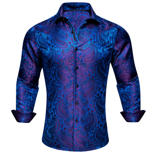 Blue Purple Paisley Silk Dress Shirt shirt S   - Sophisticated Gentlemen