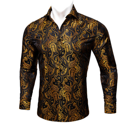 Gold Black Paisley Silk Dress Shirt shirt S   - Sophisticated Gentlemen