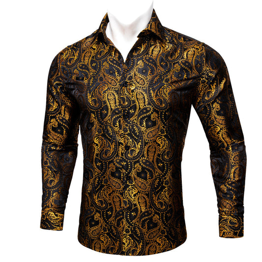 Gold Black Paisley Silk Dress Shirt shirt S   - Sophisticated Gentlemen