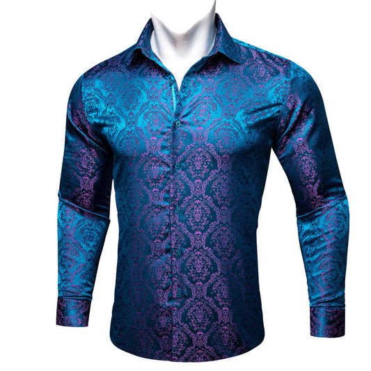 Sky Blue Pink Paisley Silk Dress Shirt shirt S   - Sophisticated Gentlemen