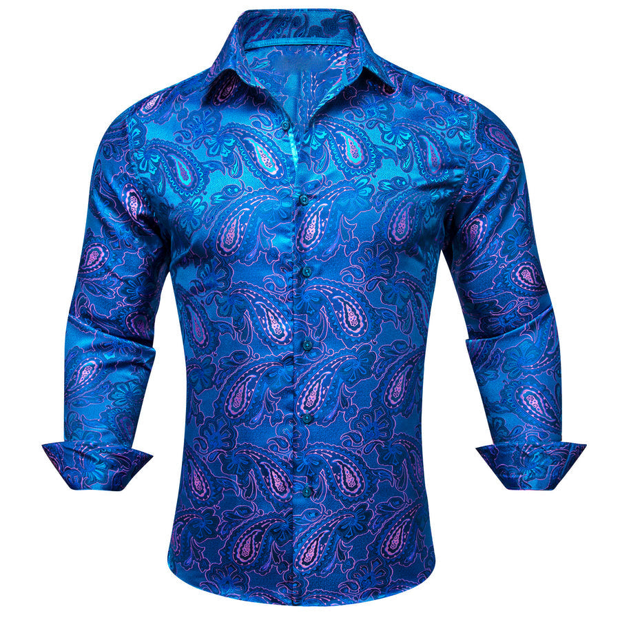 Blue Pink Paisley Flower Pattern Silk Dress Shirt shirt S   - Sophisticated Gentlemen