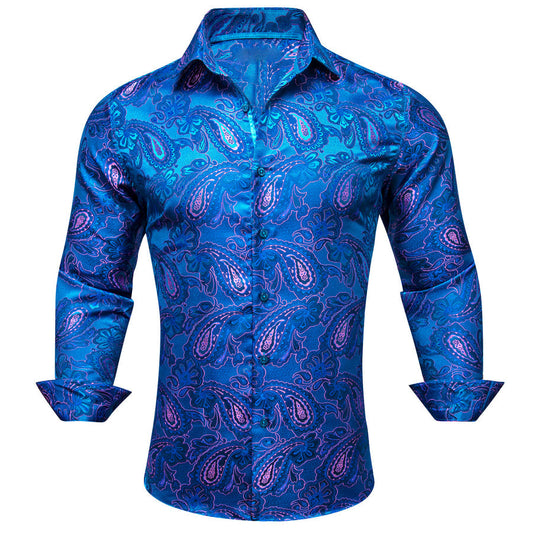 Blue Pink Paisley Flower Pattern Silk Dress Shirt shirt S   - Sophisticated Gentlemen