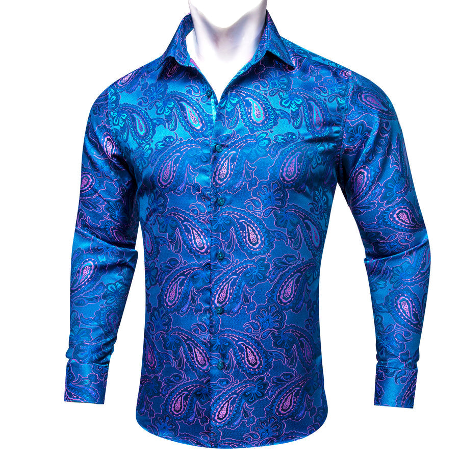 Blue Pink Paisley Flower Pattern Silk Dress Shirt shirt    - Sophisticated Gentlemen