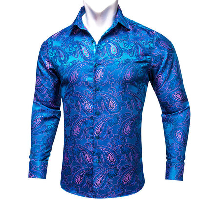 Blue Pink Paisley Flower Pattern Silk Dress Shirt shirt    - Sophisticated Gentlemen