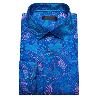 Blue Pink Paisley Flower Pattern Silk Dress Shirt shirt    - Sophisticated Gentlemen