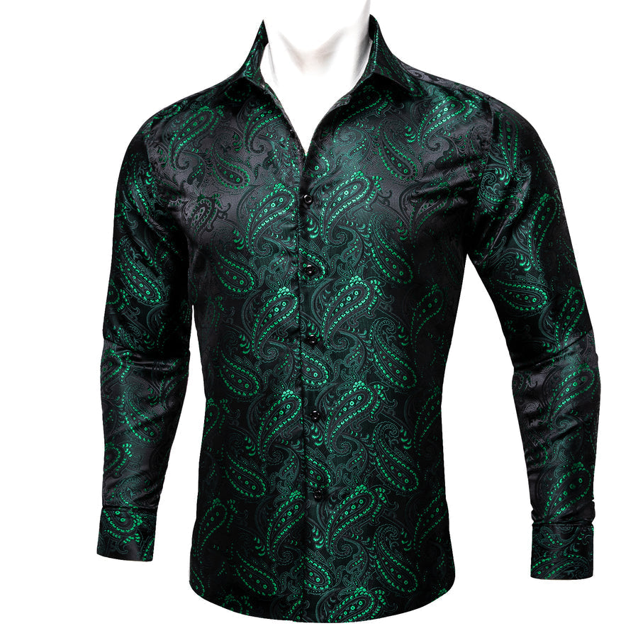 Dark Green Paisley Flower Pattern Silk Dress Shirt shirt    - Sophisticated Gentlemen