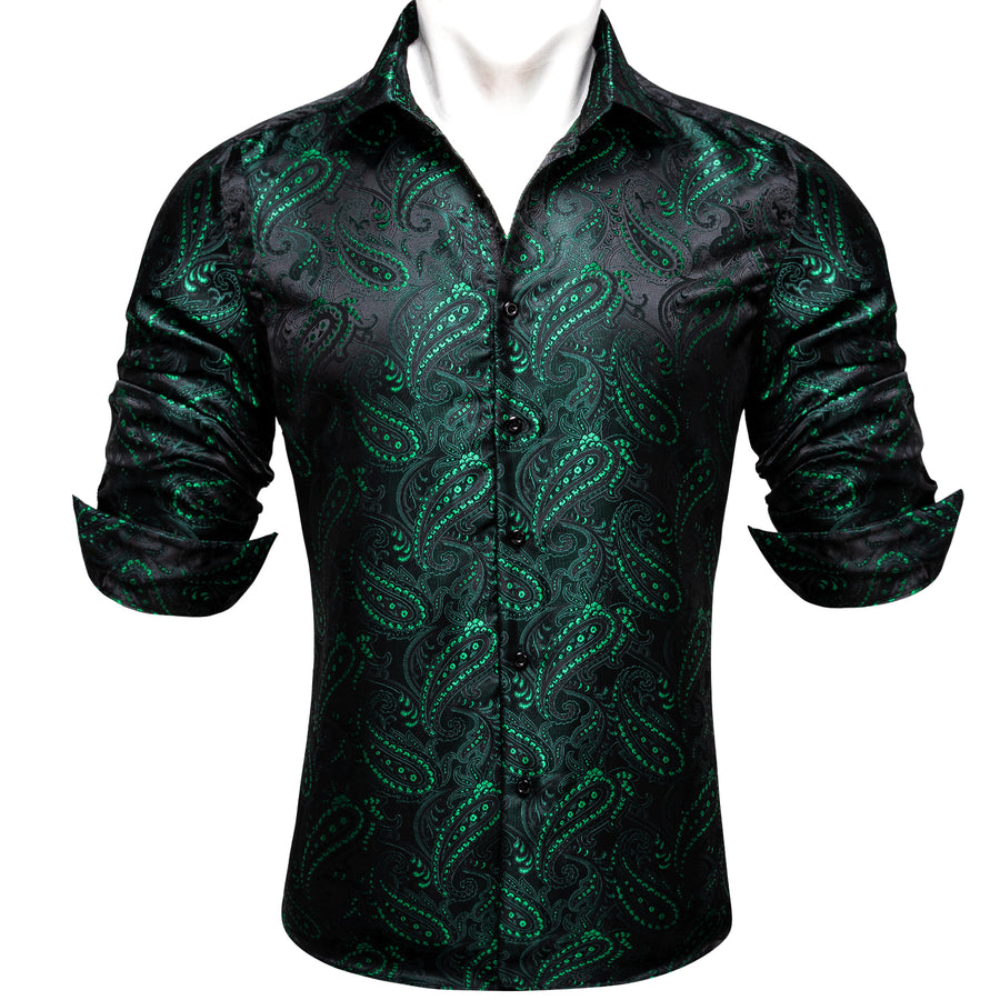 Dark Green Paisley Flower Pattern Silk Dress Shirt shirt    - Sophisticated Gentlemen