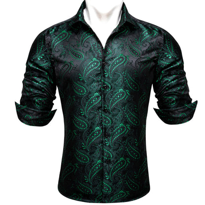 Dark Green Paisley Flower Pattern Silk Dress Shirt shirt    - Sophisticated Gentlemen