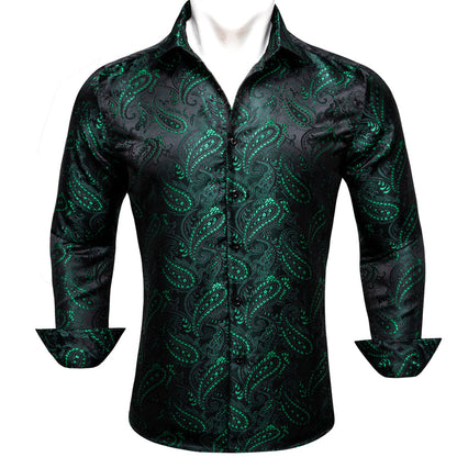 Dark Green Paisley Flower Pattern Silk Dress Shirt shirt S   - Sophisticated Gentlemen