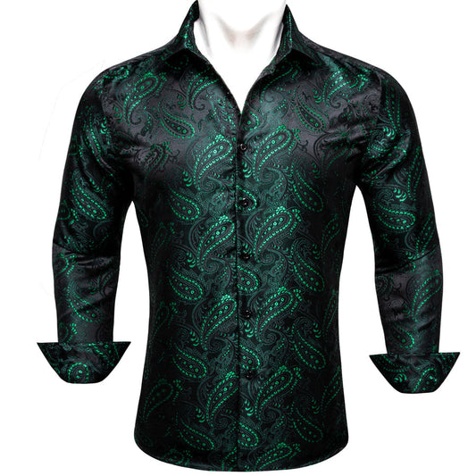 Dark Green Paisley Flower Pattern Silk Dress Shirt shirt S   - Sophisticated Gentlemen