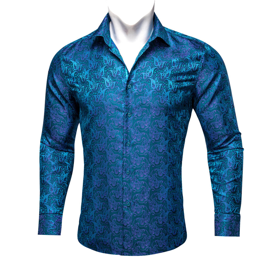Royal Blue Purple Paisley Flower Pattern Silk Dress Shirt shirt    - Sophisticated Gentlemen