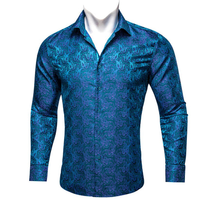 Royal Blue Purple Paisley Flower Pattern Silk Dress Shirt shirt    - Sophisticated Gentlemen