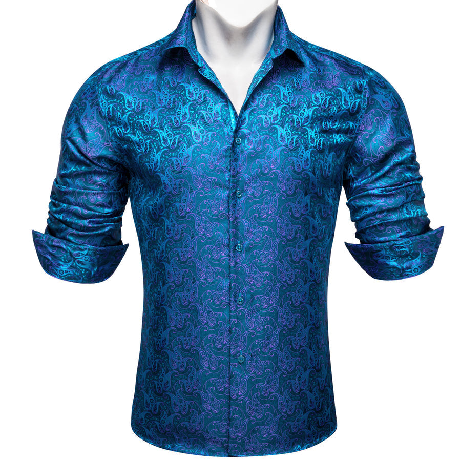 Royal Blue Purple Paisley Flower Pattern Silk Dress Shirt shirt    - Sophisticated Gentlemen