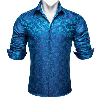 Royal Blue Purple Paisley Flower Pattern Silk Dress Shirt shirt    - Sophisticated Gentlemen